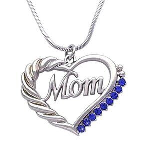 Mom Heart‎ Pendant Necklace Blue Birthstone Silver Tone Mother’s Day Gift